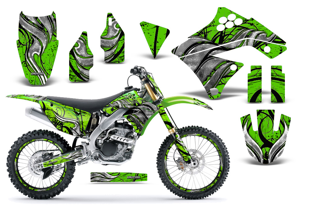 Kawasaki KX250F 09-12 Graphics Kit Fire Blade Black Green NP Rims